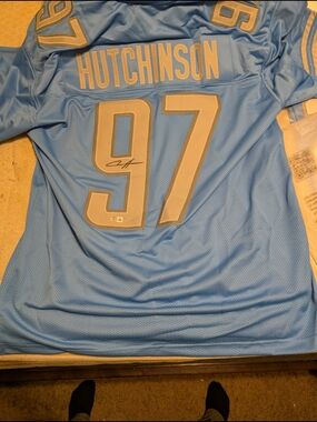 Autographed Hutchinson #97 Light Blue Football Jersey